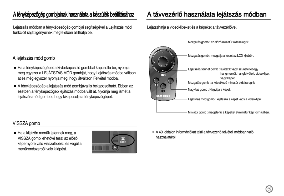 Samsung EC-NV20ZSBA/E2 TávvezérlŒ használata lejátszás módban, AfényképezŒgépgombjainakhasználataakészülékbeállításához 