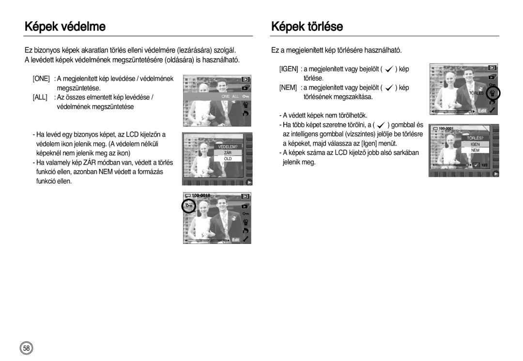 Samsung EC-NV20ZBBC/E1 manual Képek védelme, Képek törlése, Ez a megjelenített kép törlésére használható, One, All 