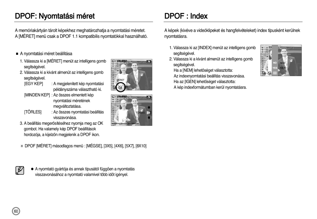 Samsung EC-NV20ZBBA/FR, EC-NV20ZSBA/FR, EC-NV20ZSBA/E1, EC-NV20ZBBA/E3 manual Dpof Nyomtatási méret, Dpof Index, Törles 