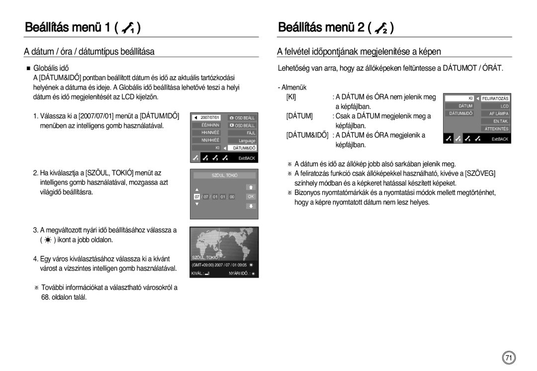 Samsung EC-NV20ZSBA/E1, EC-NV20ZSBA/FR, EC-NV20ZBBA/FR Felvétel idŒpontjának megjelenítése a képen, Globális idŒ, Dátum 