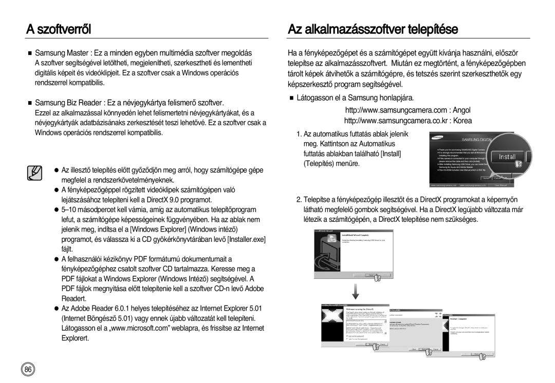 Samsung EC-NV20ZSBA/IT manual Az alkalmazásszoftver telepítése, Samsung Biz Reader Ez a névjegykártya felismerŒ szoftver 