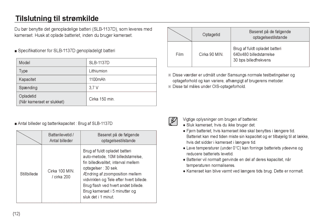 Samsung EC-NV24HSBA/E2, EC-NV24HBBA/E3 Tilslutning til strømkilde, Specifikationer for SLB-1137D genopladeligt batteri 