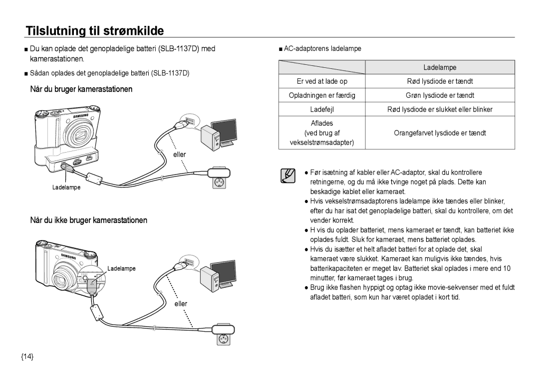 Samsung EC-NV24HBBA/E3 Sådan oplades det genopladelige batteri SLB-1137D, Eller AC-adaptorens ladelampe Ladelampe 