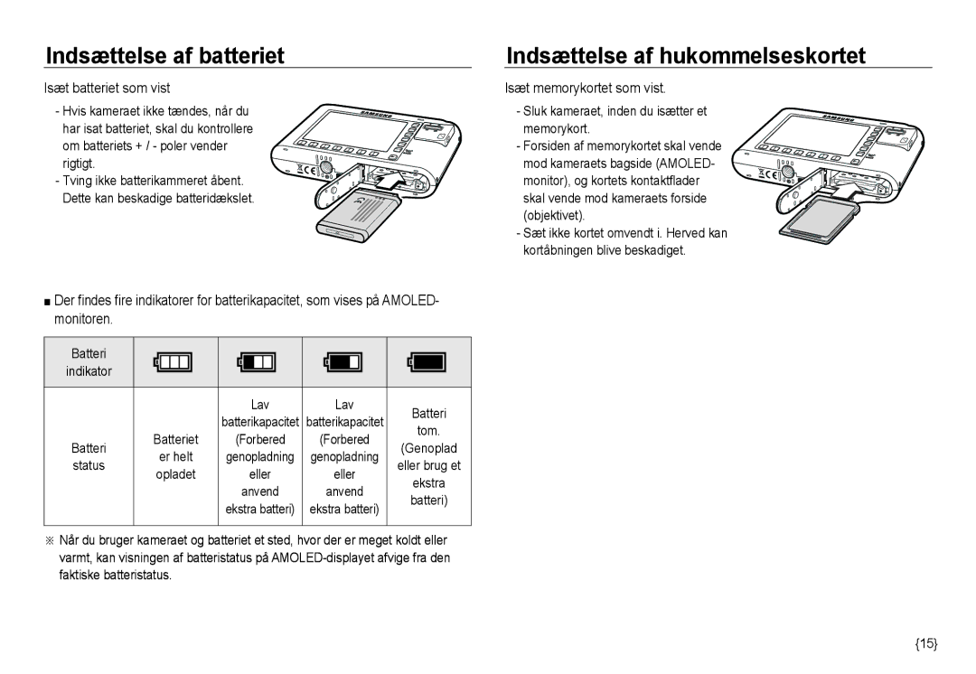 Samsung EC-NV24HBBA/E2, EC-NV24HBBA/E3 Indsættelse af batteriet, Indsættelse af hukommelseskortet, Isæt batteriet som vist 