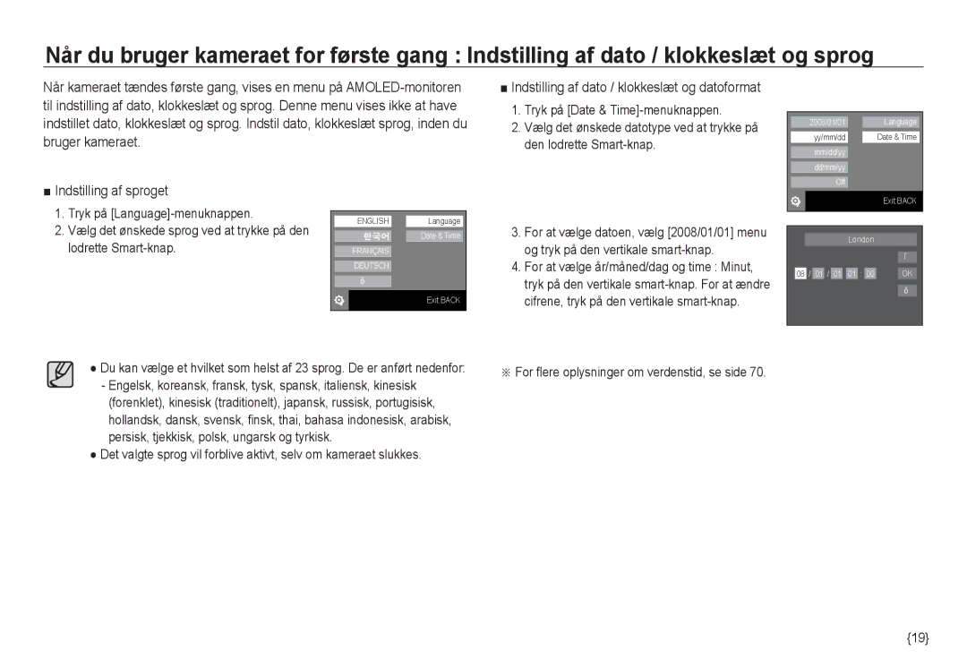 Samsung EC-NV24HBBA/E3, EC-NV24HBBA/E2 Indstilling af sproget, Tryk på Date & Time-menuknappen, Den lodrette Smart-knap 