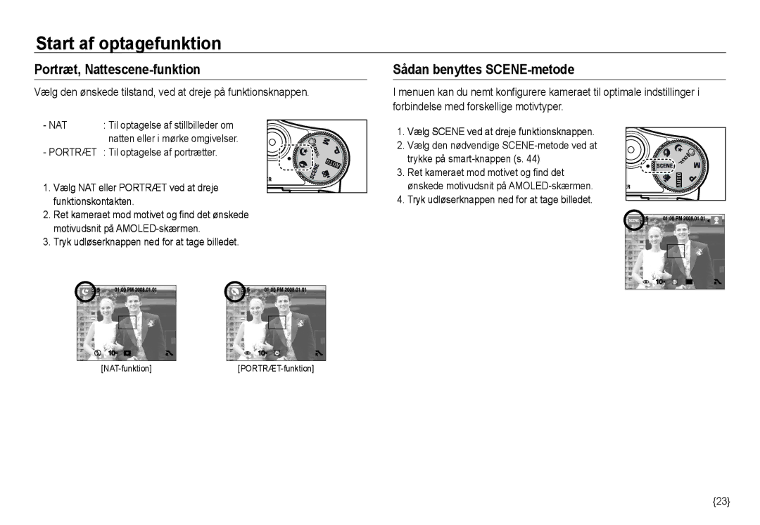 Samsung EC-NV24HBBD/E2, EC-NV24HBBA/E3, EC-NV24HBBA/E2 manual Portræt, Nattescene-funktion, Sådan benyttes SCENE-metode 