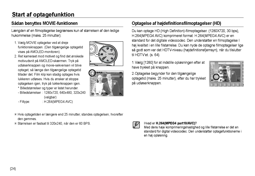 Samsung EC-NV24HBBA/E3, EC-NV24HBBA/E2 manual Sådan benyttes MOVIE-funktionen, Optagelse af højdefinitionsfilmoptagelser HD 