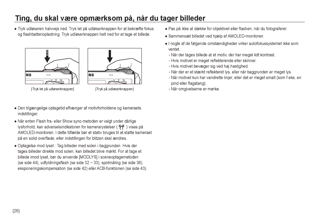 Samsung EC-NV24HSBA/E3, EC-NV24HBBA/E3, EC-NV24HBBA/E2 manual Ting, du skal være opmærksom på, når du tager billeder 