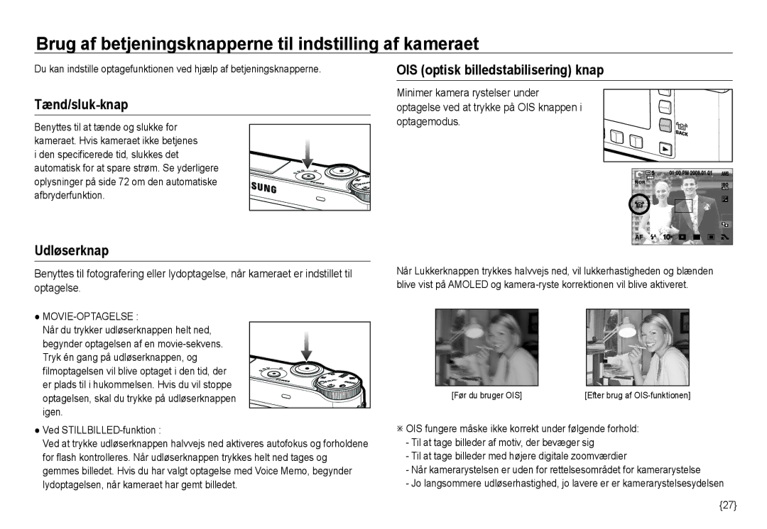 Samsung EC-NV24HSBA/E2 manual Brug af betjeningsknapperne til indstilling af kameraet, Tænd/sluk-knap, Udløserknap 