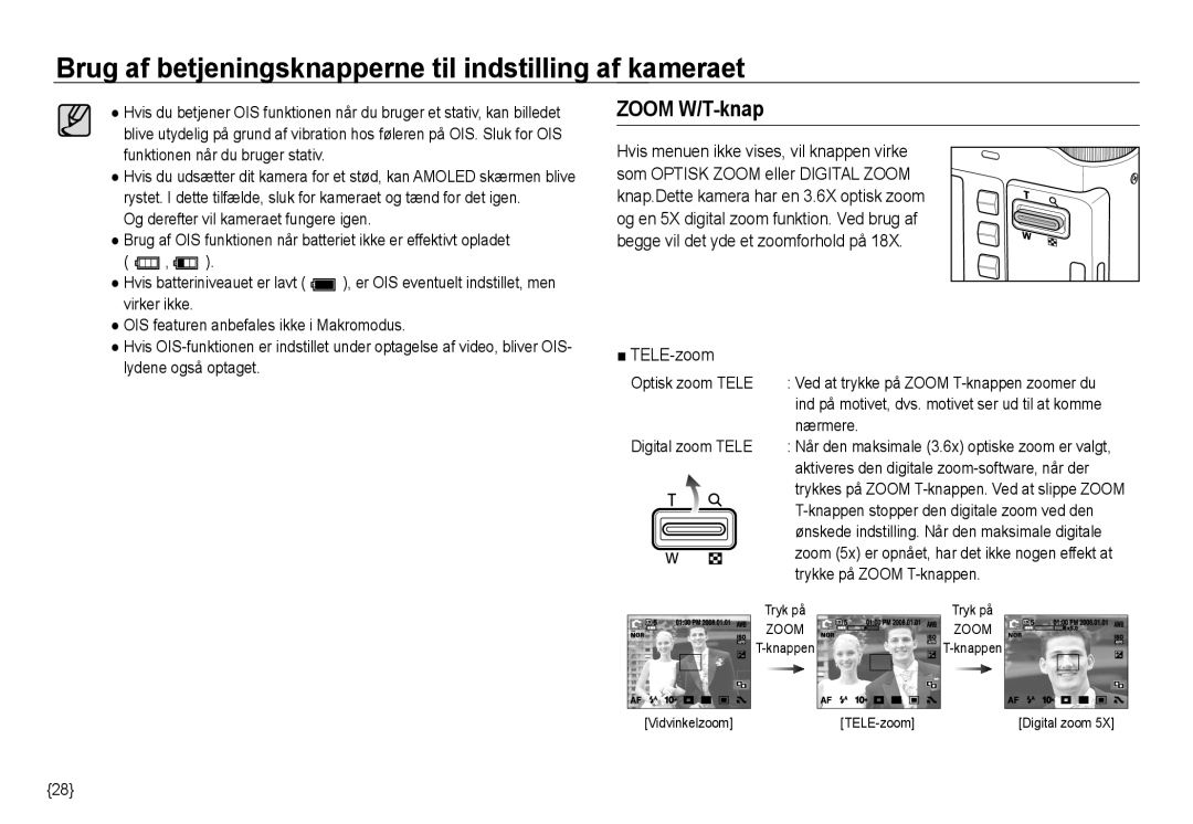 Samsung EC-NV24HBBD/E2, EC-NV24HBBA/E3 manual Zoom W/T-knap, TELE-zoom, Optisk zoom Tele, Nærmere, Digital zoom Tele 