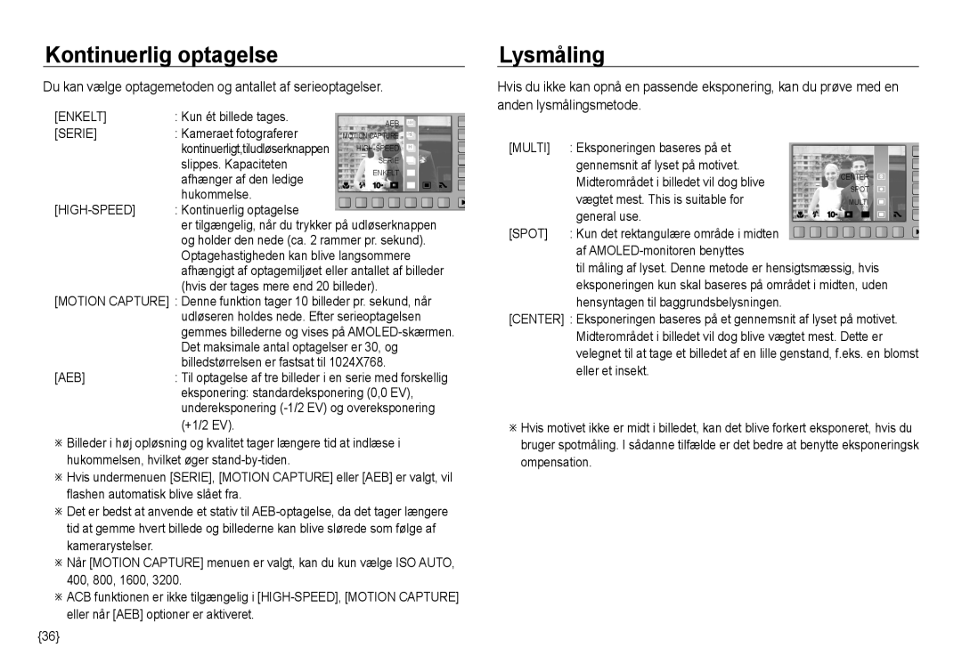 Samsung EC-NV24HSBA/E3 manual Kontinuerlig optagelse, Lysmåling, Du kan vælge optagemetoden og antallet af serieoptagelser 