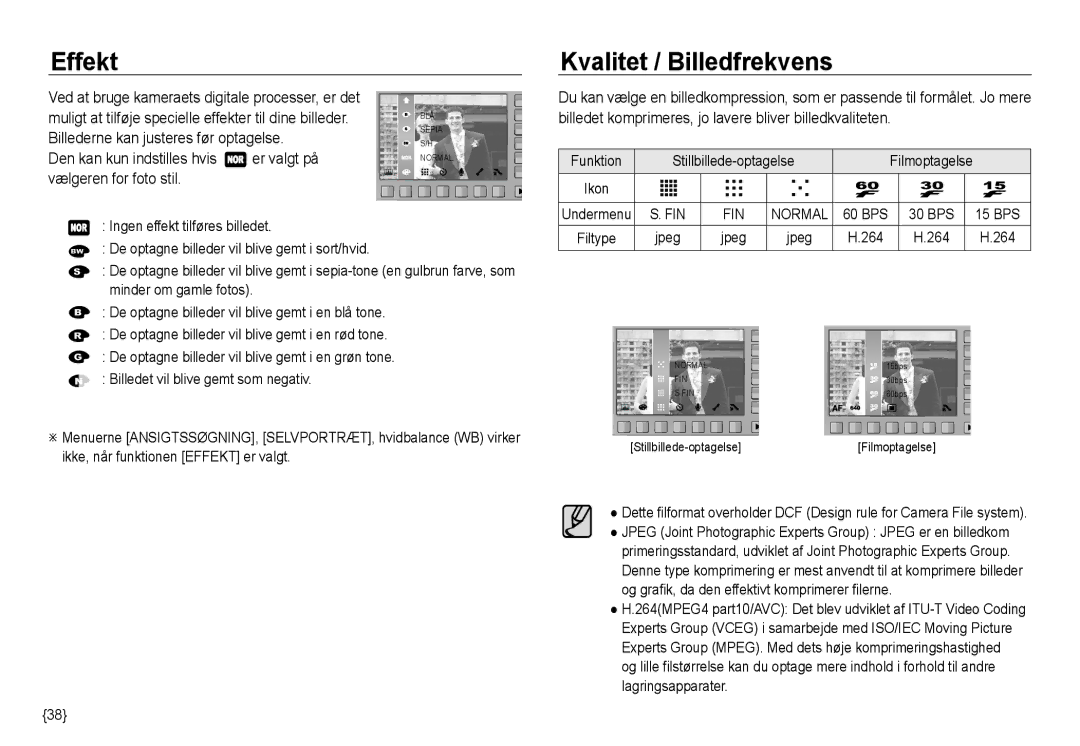 Samsung EC-NV24HBBD/E2, EC-NV24HBBA/E3 manual Effekt, Kvalitet / Billedfrekvens, Billederne kan justeres før optagelse 