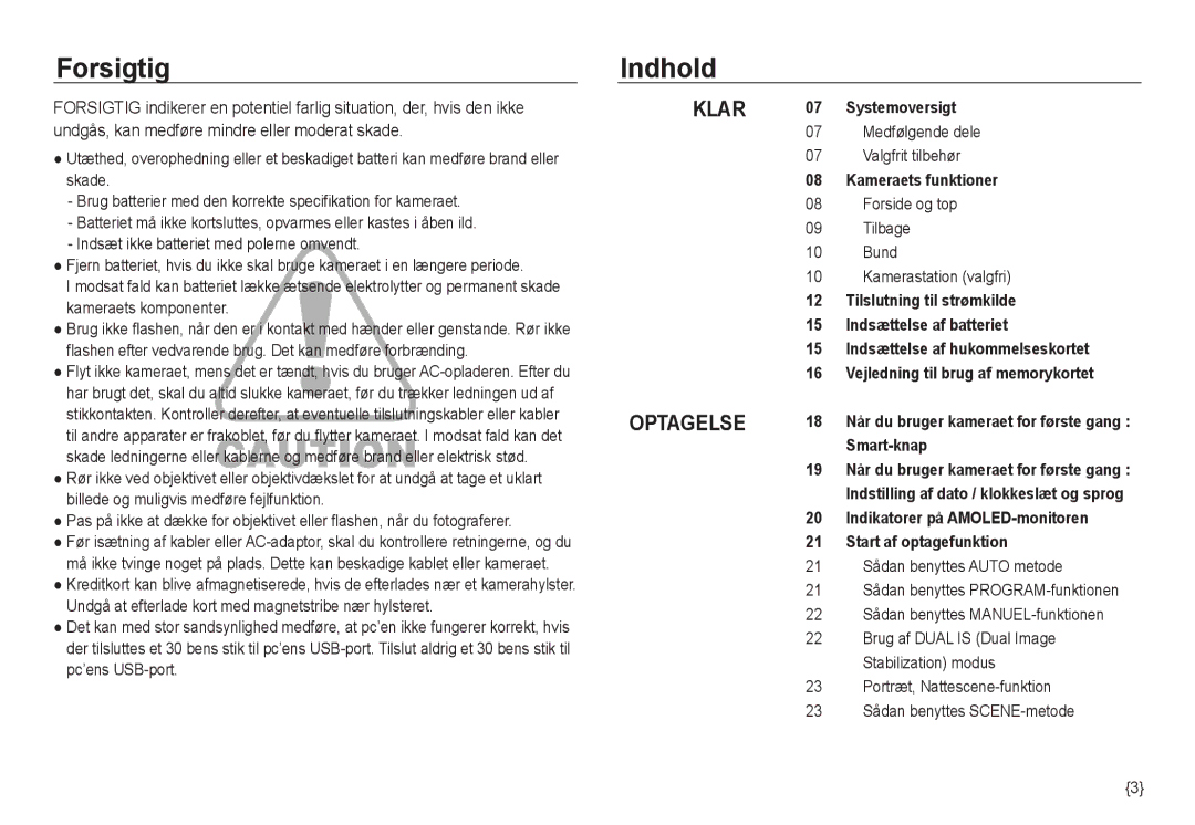 Samsung EC-NV24HBBD/E2, EC-NV24HBBA/E3, EC-NV24HBBA/E2 manual Forsigtig Indhold, Systemoversigt, Kameraets funktioner 