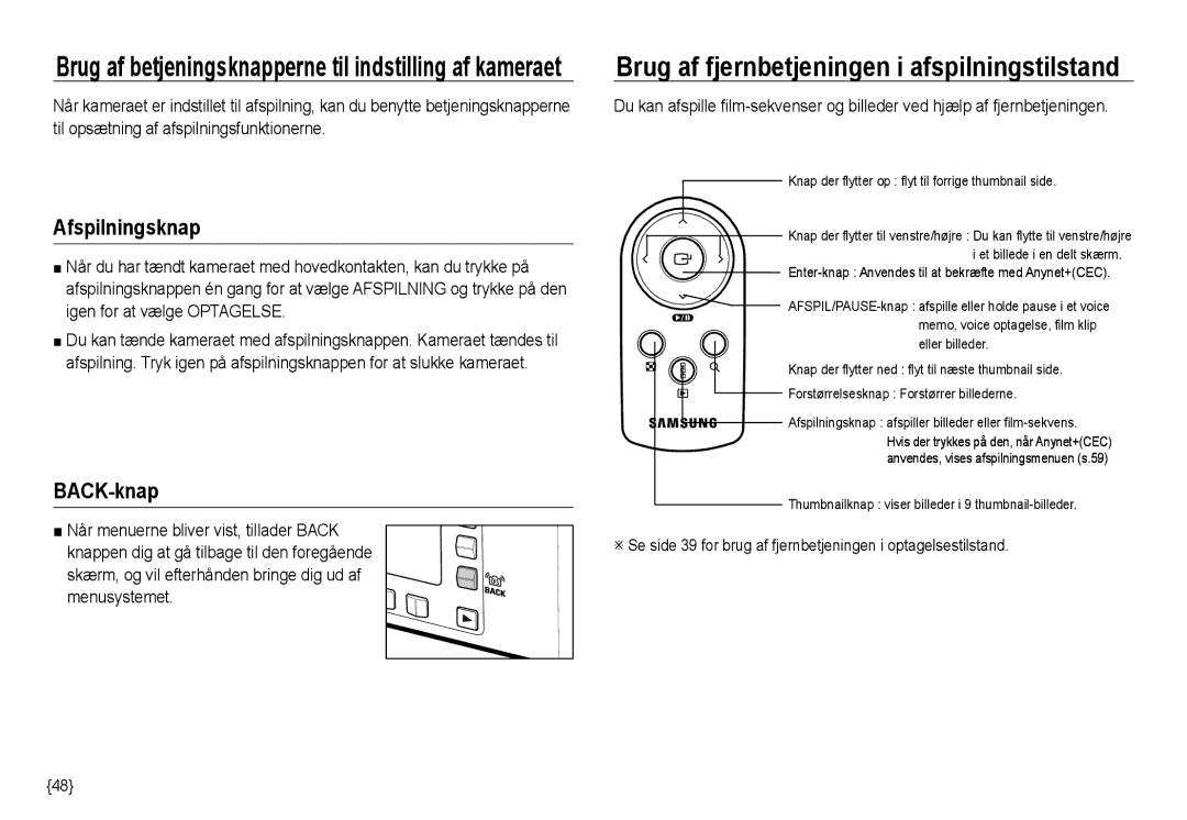 Samsung EC-NV24HBBD/E2, EC-NV24HBBA/E3 Brug af betjeningsknapperne til indstilling af kameraet, Afspilningsknap, BACK-knap 