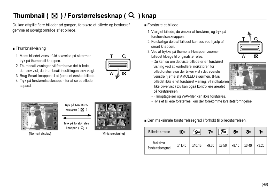 Samsung EC-NV24HBBA/E3, EC-NV24HBBA/E2 manual Thumbnail / Forstørrelsesknap knap, Forstørre et billede, Billedstørrelse 