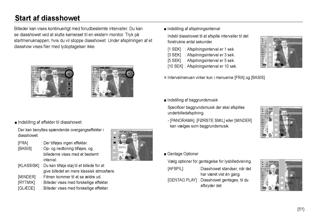 Samsung EC-NV24HSBA/E3, EC-NV24HBBA/E3, EC-NV24HBBA/E2 manual Start af diasshowet, Indstilling af effekter til diasshowet 