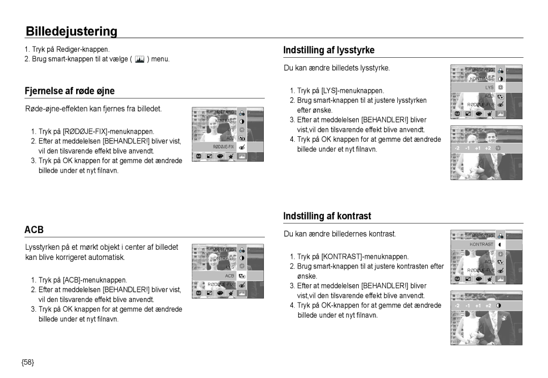 Samsung EC-NV24HBBD/E2, EC-NV24HBBA/E3 manual Indstilling af lysstyrke Fjernelse af røde øjne, Indstilling af kontrast 