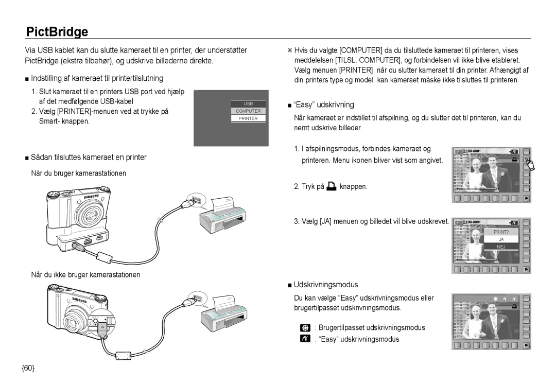 Samsung EC-NV24HBBA/E2 PictBridge, Indstilling af kameraet til printertilslutning, Easy udskrivning, Udskrivningsmodus 