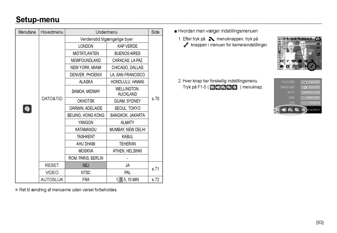 Samsung EC-NV24HBBD/E2, EC-NV24HBBA/E3, EC-NV24HBBA/E2 Hvordan man vælger indstillingsmenuen, Undermenu Side, Autosluk FRA 