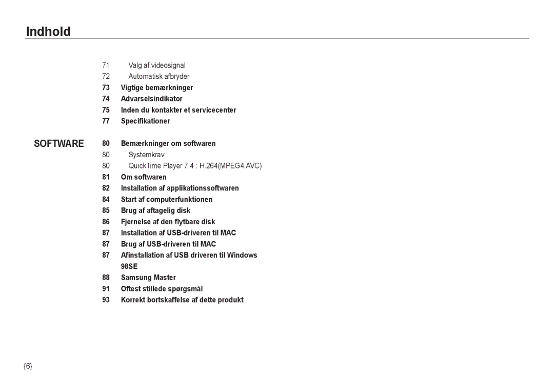 Samsung EC-NV24HSBA/E3 manual Valg af videosignal Automatisk afbryder, Systemkrav QuickTime Player 7.4 H.264MPEG4.AVC 