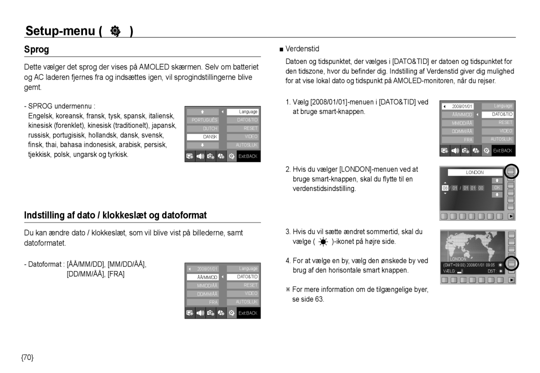 Samsung EC-NV24HBBA/E2, EC-NV24HBBA/E3, EC-NV24HSBA/E3, EC-NV24HSBA/E2 Sprog, Indstilling af dato / klokkeslæt og datoformat 