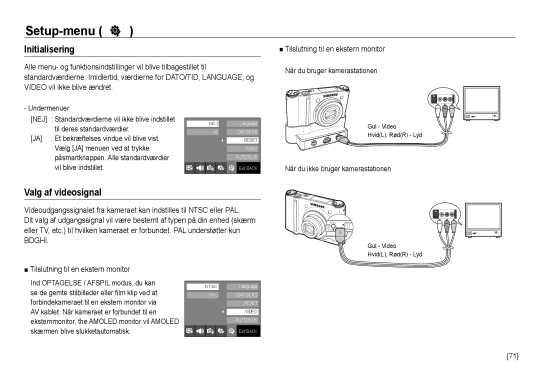 Samsung EC-NV24HSBA/E3, EC-NV24HBBA/E3 manual Initialisering, Valg af videosignal, Tilslutning til en ekstern monitor 