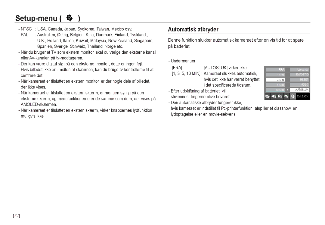 Samsung EC-NV24HSBA/E2, EC-NV24HBBA/E3, EC-NV24HBBA/E2, EC-NV24HSBA/E3, EC-NV24HBBD/E2 manual Automatisk afbryder, Ntsc, Pal 