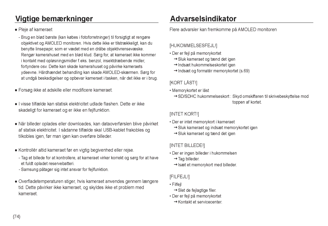 Samsung EC-NV24HBBA/E3 manual Pleje af kameraet, Forsøg ikke at adskille eller modificere kameraet, Memorykortet er låst 