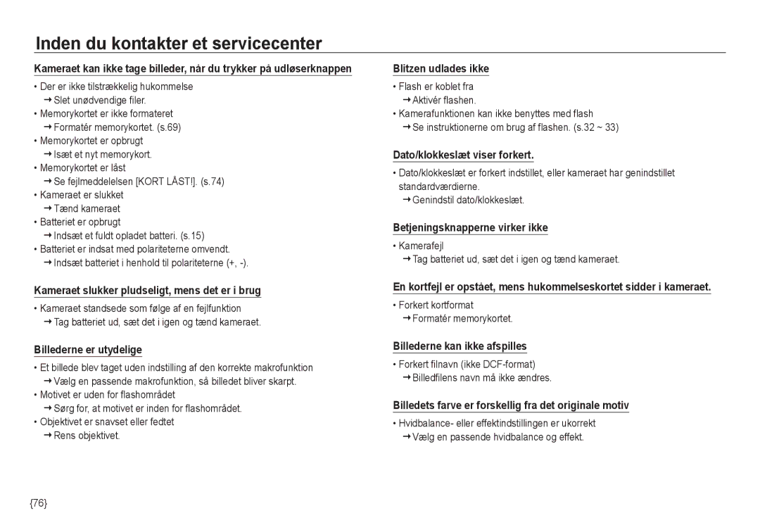 Samsung EC-NV24HSBA/E3 manual Kameraet slukker pludseligt, mens det er i brug, Forkert kortformat € Formatér memorykortet 