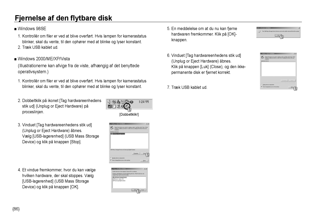 Samsung EC-NV24HSBA/E3 manual Fjernelse af den flytbare disk, Windows 98SE, Træk USB kablet ud, Proceslinjen.Dobbeltklik 