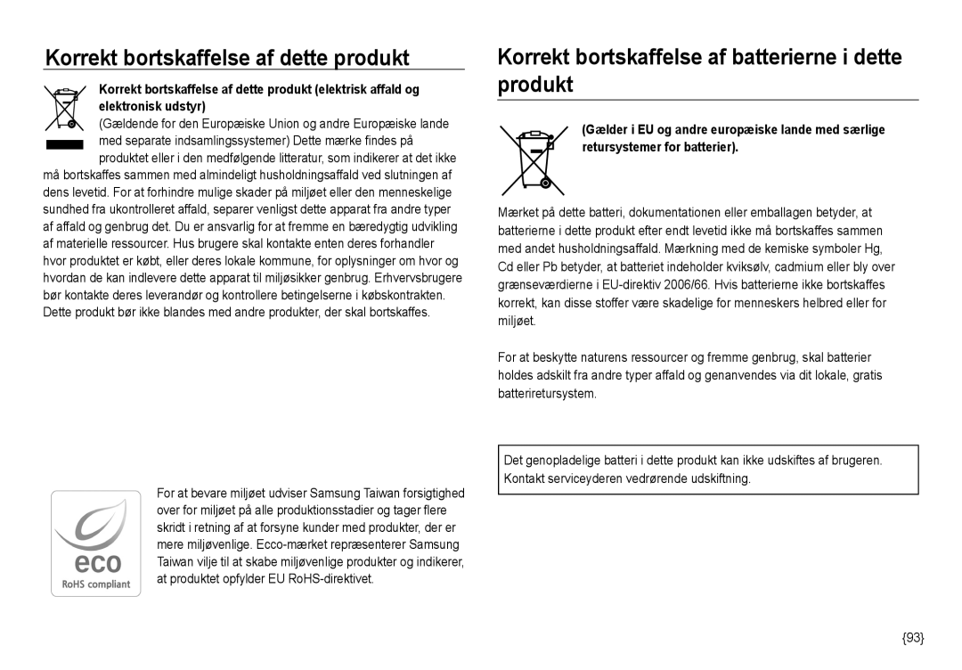 Samsung EC-NV24HBBD/E2 manual Korrekt bortskaffelse af dette produkt, Korrekt bortskaffelse af batterierne i dette produkt 