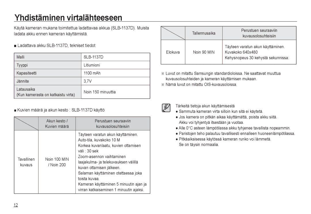 Samsung EC-NV24HSBA/E2, EC-NV24HBBA/E3 manual Yhdistäminen virtalähteeseen, Kuvien määrä ja akun kesto SLB-1137D käyttö 