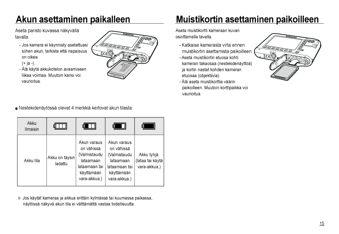 Samsung EC-NV24HBBA/E2, EC-NV24HBBA/E3, EC-NV24HSBA/E3 Akun asettaminen paikalleen, Aseta paristo kuvassa näkyvällä tavalla 