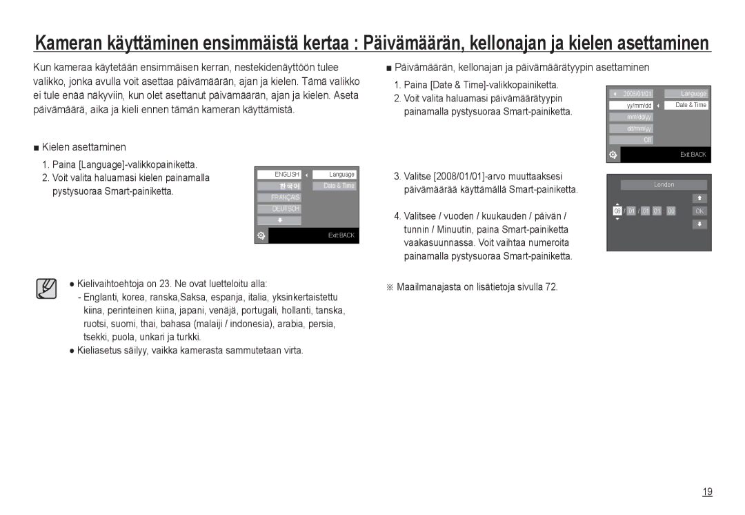 Samsung EC-NV24HBBA/E3, EC-NV24HBBA/E2 manual Päivämäärän, kellonajan ja päivämäärätyypin asettaminen, Kielen asettaminen 