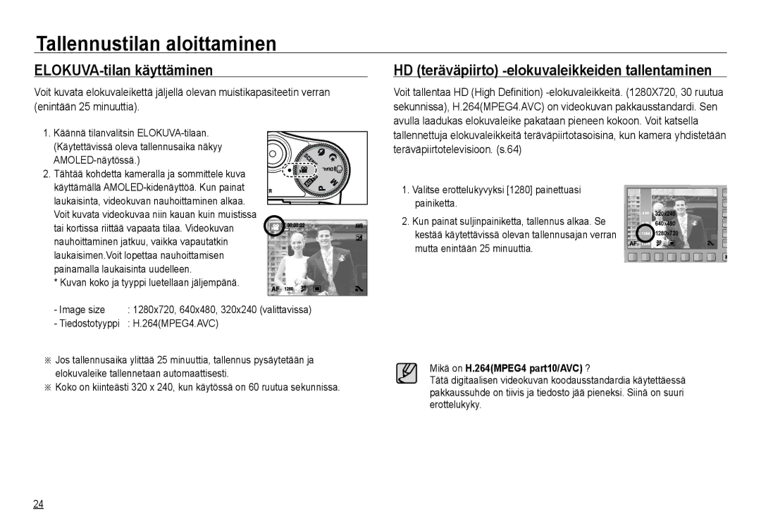 Samsung EC-NV24HBBA/E3, EC-NV24HBBA/E2 manual ELOKUVA-tilan käyttäminen, HD teräväpiirto -elokuvaleikkeiden tallentaminen 