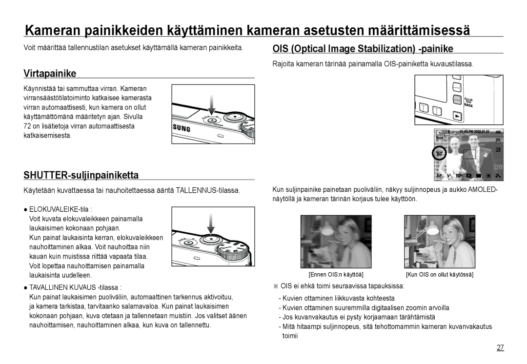 Samsung EC-NV24HSBA/E2, EC-NV24HBBA/E3 Virtapainike, SHUTTER-suljinpainiketta, OIS Optical Image Stabilization -painike 