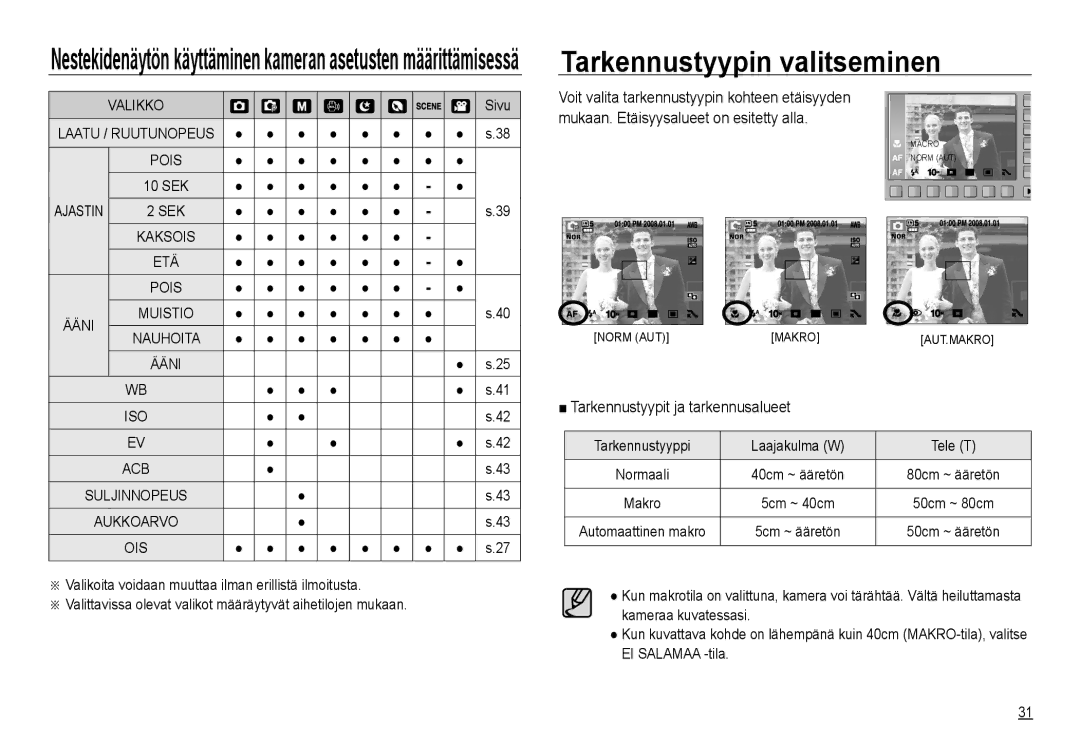 Samsung EC-NV24HSBA/E3, EC-NV24HBBA/E3 manual Tarkennustyypin valitseminen, Tarkennustyypit ja tarkennusalueet, Etä 