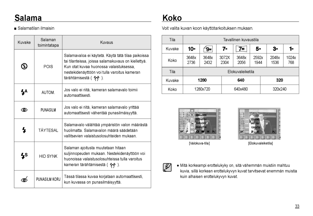 Samsung EC-NV24HBBD/E2, EC-NV24HBBA/E3 manual Koko, Salamatilan ilmaisin, Voit valita kuvan koon käyttötarkoituksen mukaan 