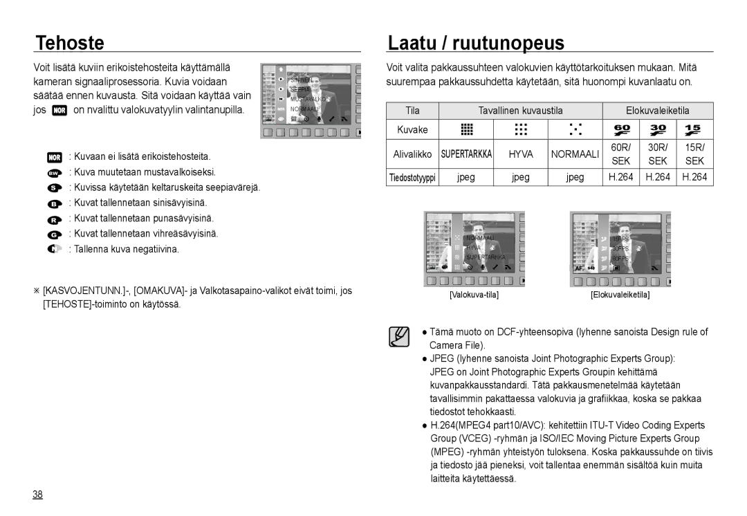 Samsung EC-NV24HBBD/E2, EC-NV24HBBA/E3 Tehoste Laatu / ruutunopeus, Jos on nvalittu valokuvatyylin valintanupilla, Sek 