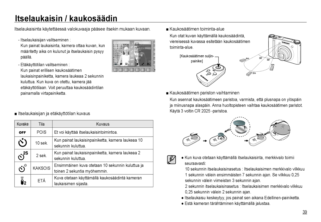 Samsung EC-NV24HBBA/E3 Itselaukaisin / kaukosäädin, Itselaukaisijan ja etäkäyttötilan kuvaus, Kaukosäätimen toiminta-alue 