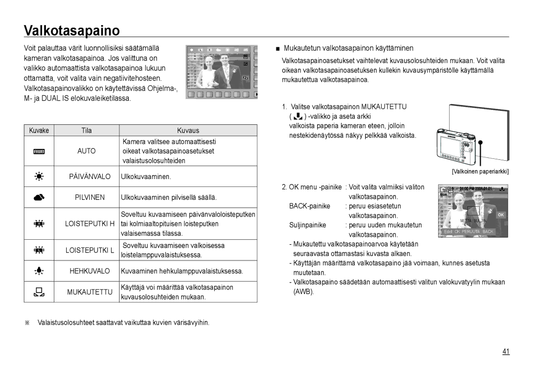 Samsung EC-NV24HSBA/E3, EC-NV24HBBA/E3, EC-NV24HBBA/E2 manual Valkotasapaino, Mukautetun valkotasapainon käyttäminen 