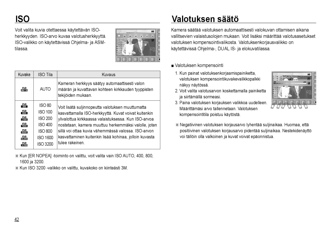 Samsung EC-NV24HSBA/E2, EC-NV24HBBA/E3, EC-NV24HBBA/E2, EC-NV24HSBA/E3 manual Valotuksen säätö, Valotuksen kompensointi 