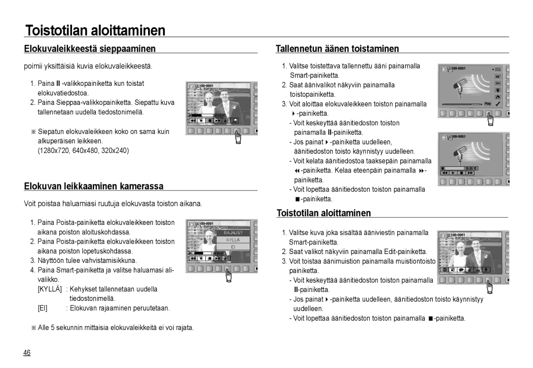 Samsung EC-NV24HSBA/E3 Elokuvaleikkeestä sieppaaminen, Elokuvan leikkaaminen kamerassa, Tallennetun äänen toistaminen 