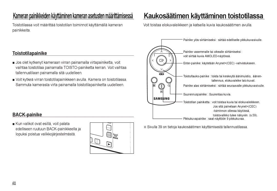 Samsung EC-NV24HBBD/E2, EC-NV24HBBA/E3, EC-NV24HBBA/E2, EC-NV24HSBA/E3, EC-NV24HSBA/E2 manual Toistotilapainike, BACK-painike 