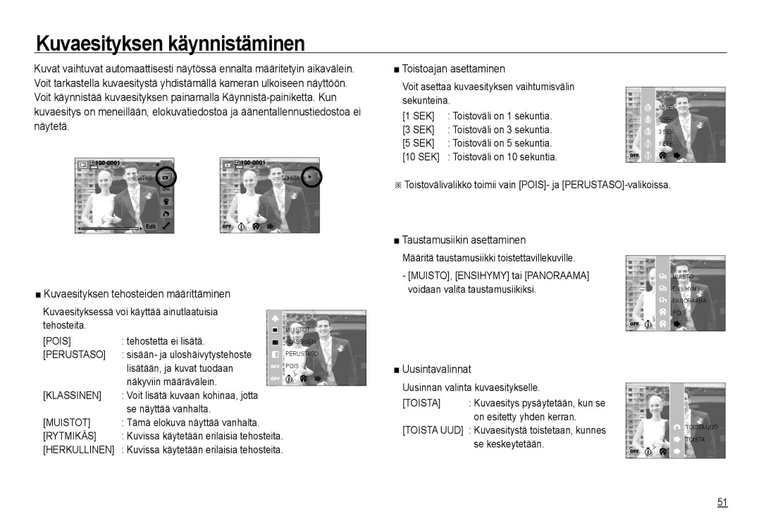 Samsung EC-NV24HSBA/E3 Kuvaesityksen käynnistäminen, Kuvaesityksen tehosteiden määrittäminen, Taustamusiikin asettaminen 