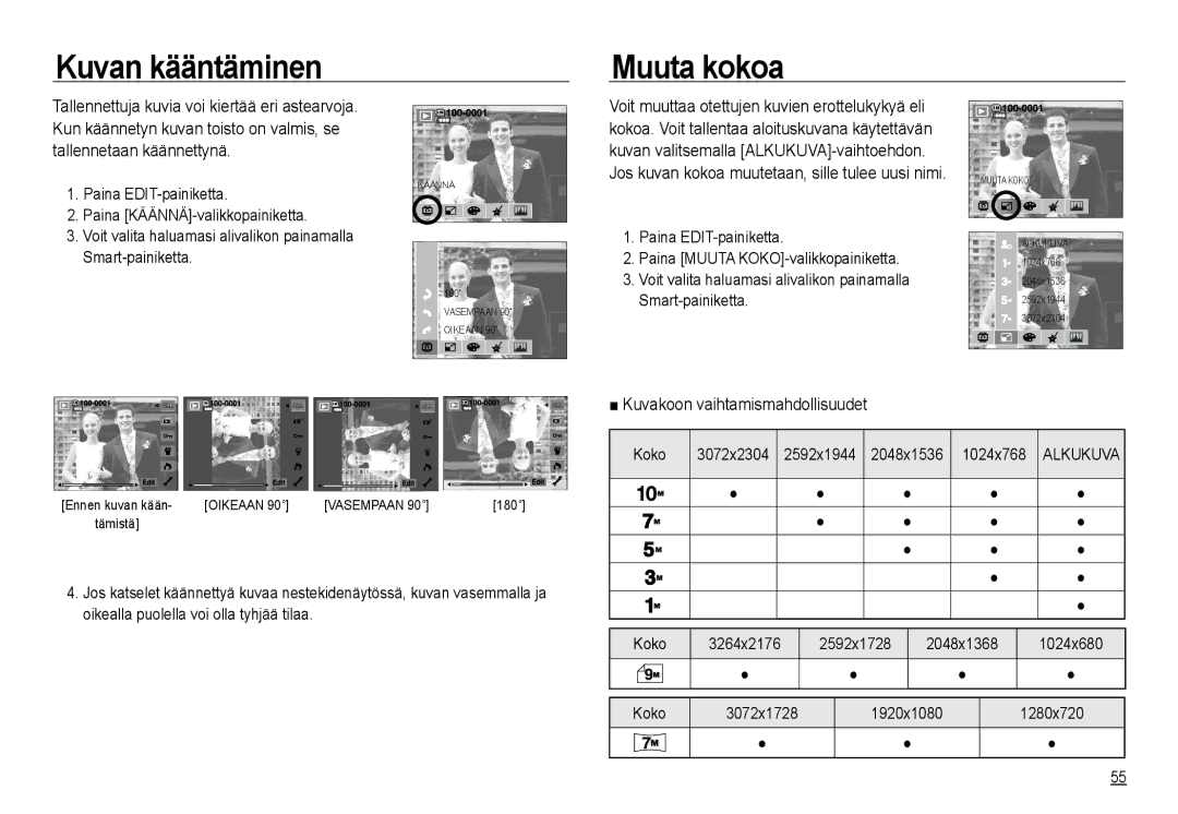 Samsung EC-NV24HBBA/E2, EC-NV24HBBA/E3 manual Kuvan kääntäminen Muuta kokoa, Kuvakoon vaihtamismahdollisuudet, Koko 