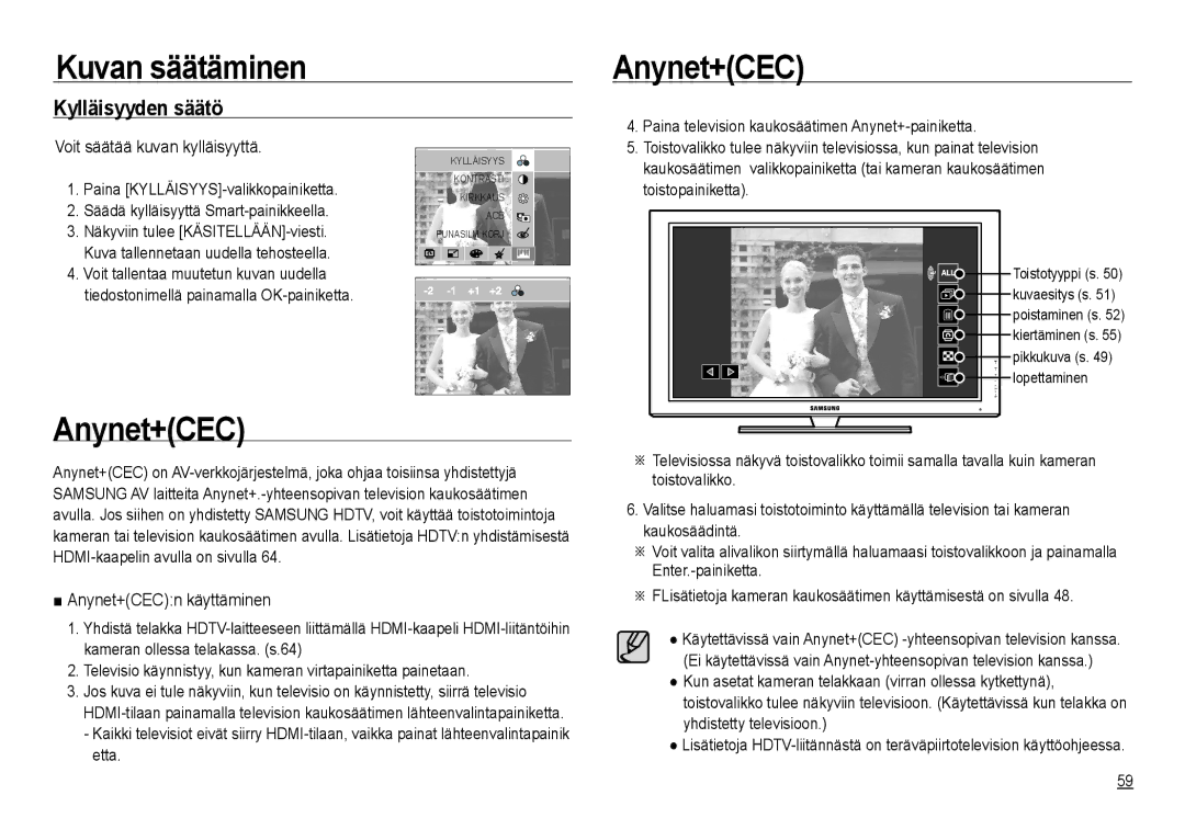 Samsung EC-NV24HBBA/E3, EC-NV24HBBA/E2, EC-NV24HSBA/E3, EC-NV24HSBA/E2 manual Kylläisyyden säätö, Anynet+CECn käyttäminen 