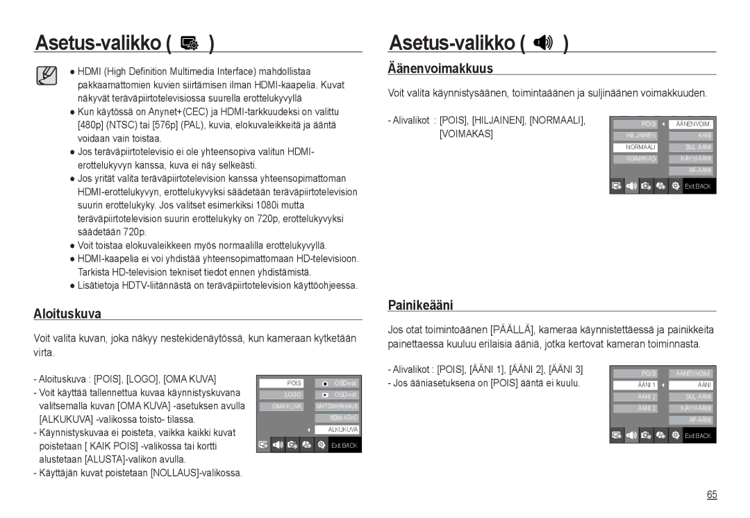 Samsung EC-NV24HBBA/E2, EC-NV24HBBA/E3, EC-NV24HSBA/E3, EC-NV24HSBA/E2 manual Äänenvoimakkuus, Aloituskuva, Painikeääni 