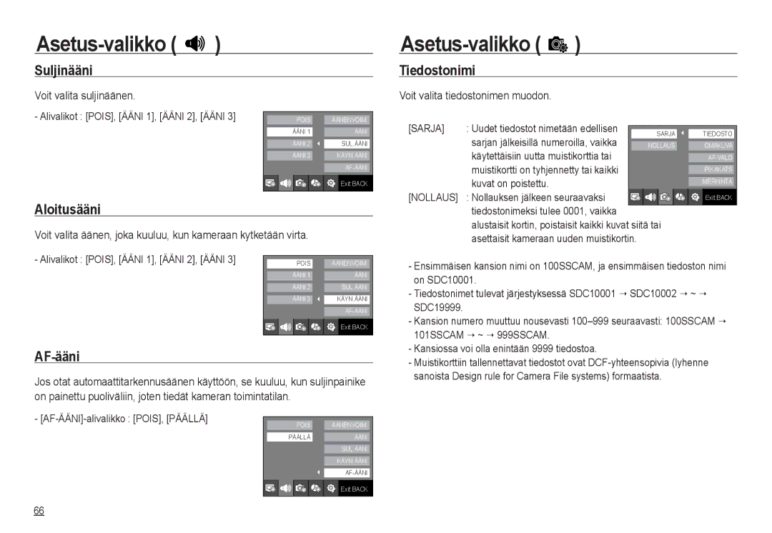 Samsung EC-NV24HSBA/E3, EC-NV24HBBA/E3, EC-NV24HBBA/E2, EC-NV24HSBA/E2 manual Suljinääni, Tiedostonimi, Aloitusääni, AF-ääni 