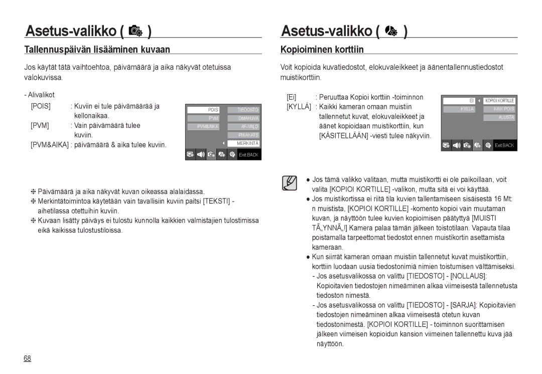 Samsung EC-NV24HBBD/E2, EC-NV24HBBA/E3, EC-NV24HBBA/E2 manual Tallennuspäivän lisääminen kuvaan, Kopioiminen korttiin, Pvm 